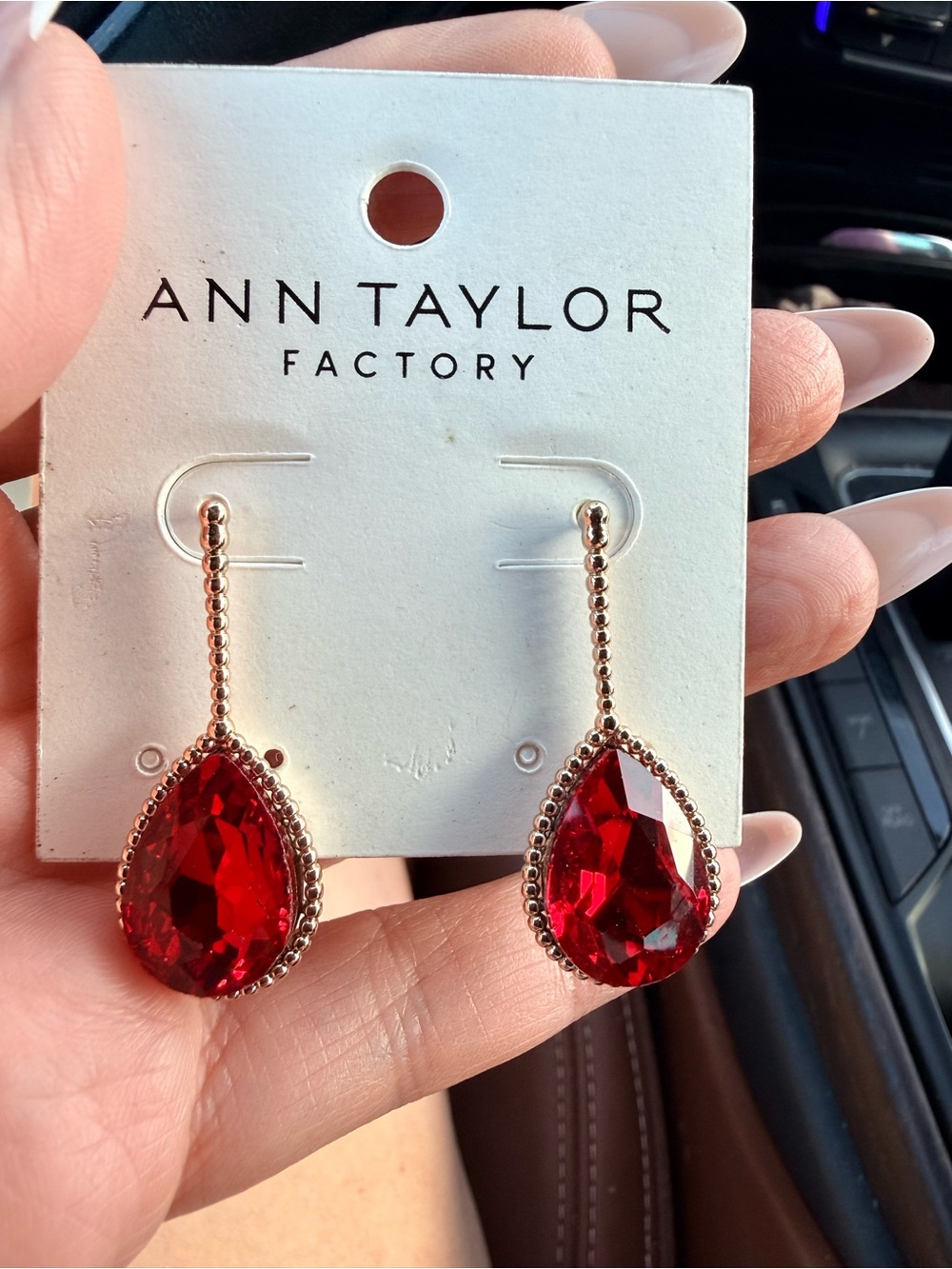 Ann Taylor Factory Red Teardrop Dangle Earrings with Gold-Tone Chain